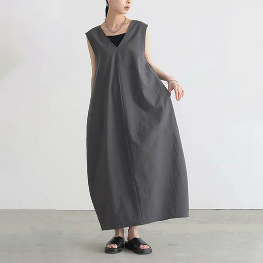 【ワンピース】Vネック ノースリーブワンピース レディース 夏 ゆったり ミディロング丈 シンプル ナチュラル【JZシリーズ】