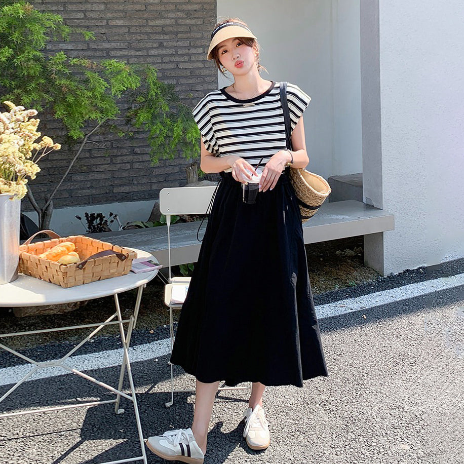 【ワンピース】ストライプ ワンピース レディース 夏 レイヤード風 半袖 ロングワンピース 細見え ウエストマーク 人気 フレンチ風【SHシリーズ】