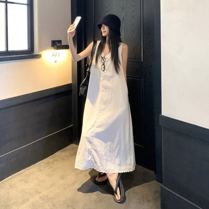 【ワンピース】ホワイト Vネック ノースリーブ Aライン ロング丈 リゾート風 ゆったり ナチュラル ワンピース【JZシリーズ】