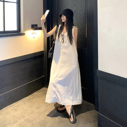 【ワンピース】ホワイト Vネック ノースリーブ Aライン ロング丈 リゾート風 ゆったり ナチュラル ワンピース【JZシリーズ】