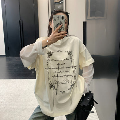 【トップス】フリンジ刺繍 Tシャツ レディース 夏 長袖 レイヤード風 ゆったり オーバーサイズ 人気 リラックスコーデ【FCシリーズ】
