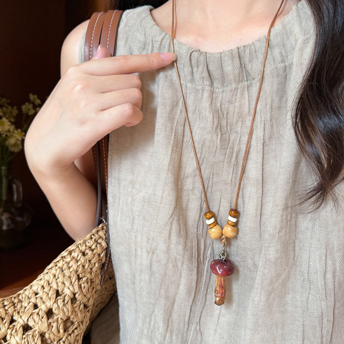 【🎁 B2G1｜先行スタート！】【グッズ】 天然キノコモチーフビーズネックレス レディース 森系 ロング丈 ニットチェーン 個性派 民族風アクセサリー