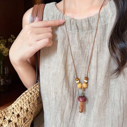 【🎁 B2G1｜先行スタート！】【グッズ】 天然キノコモチーフビーズネックレス レディース 森系 ロング丈 ニットチェーン 個性派 民族風アクセサリー