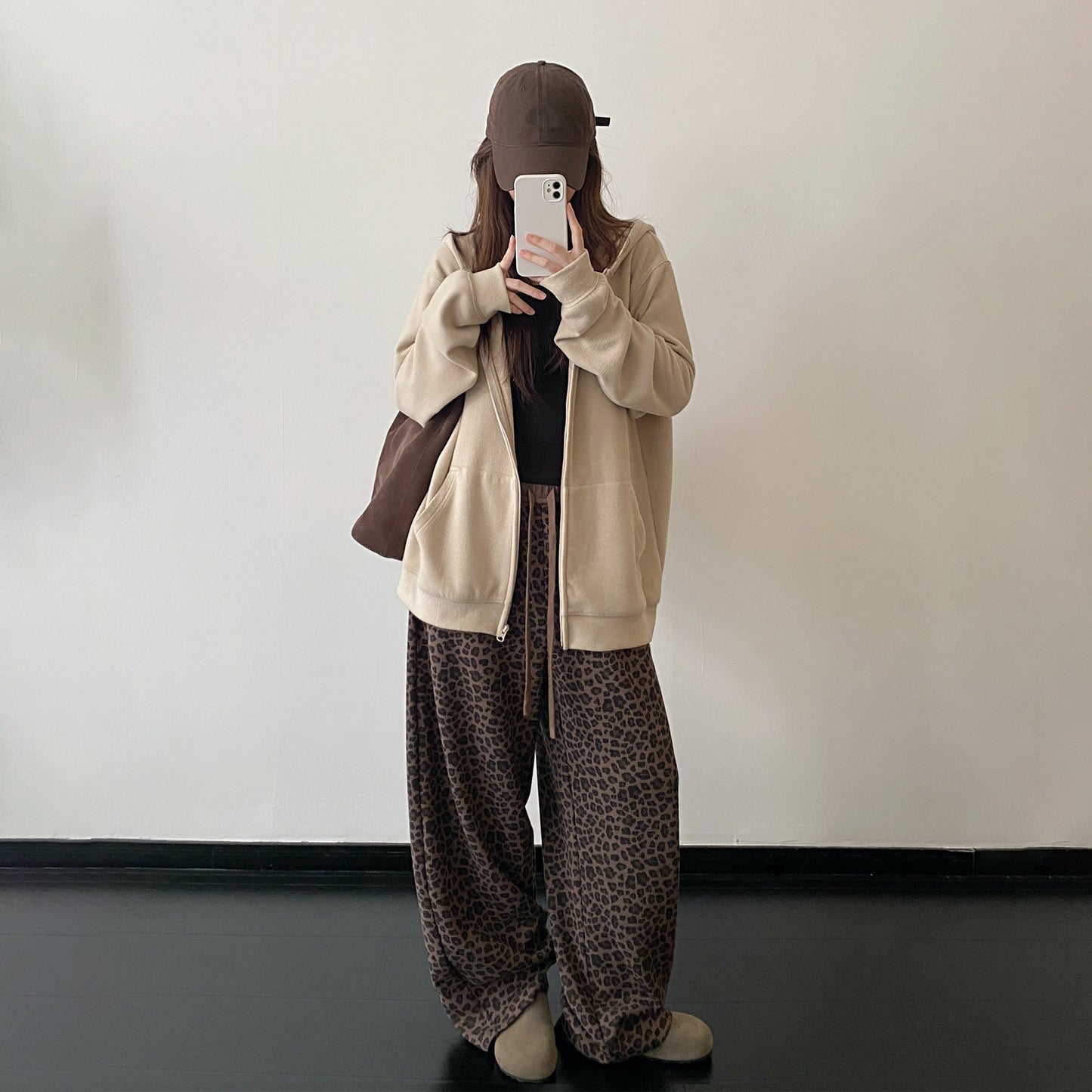 【ボトムス】アメリカンレトロ レオパード柄 ワッフルニット ワイドストレート イージーパンツ ウエストゴム レディース【FCシリーズ】