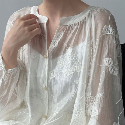 【セットアップ】カットワーク刺繍 UV対策シャツ + カジュアルショートパンツ 2点上下セット 【JZシリーズ】