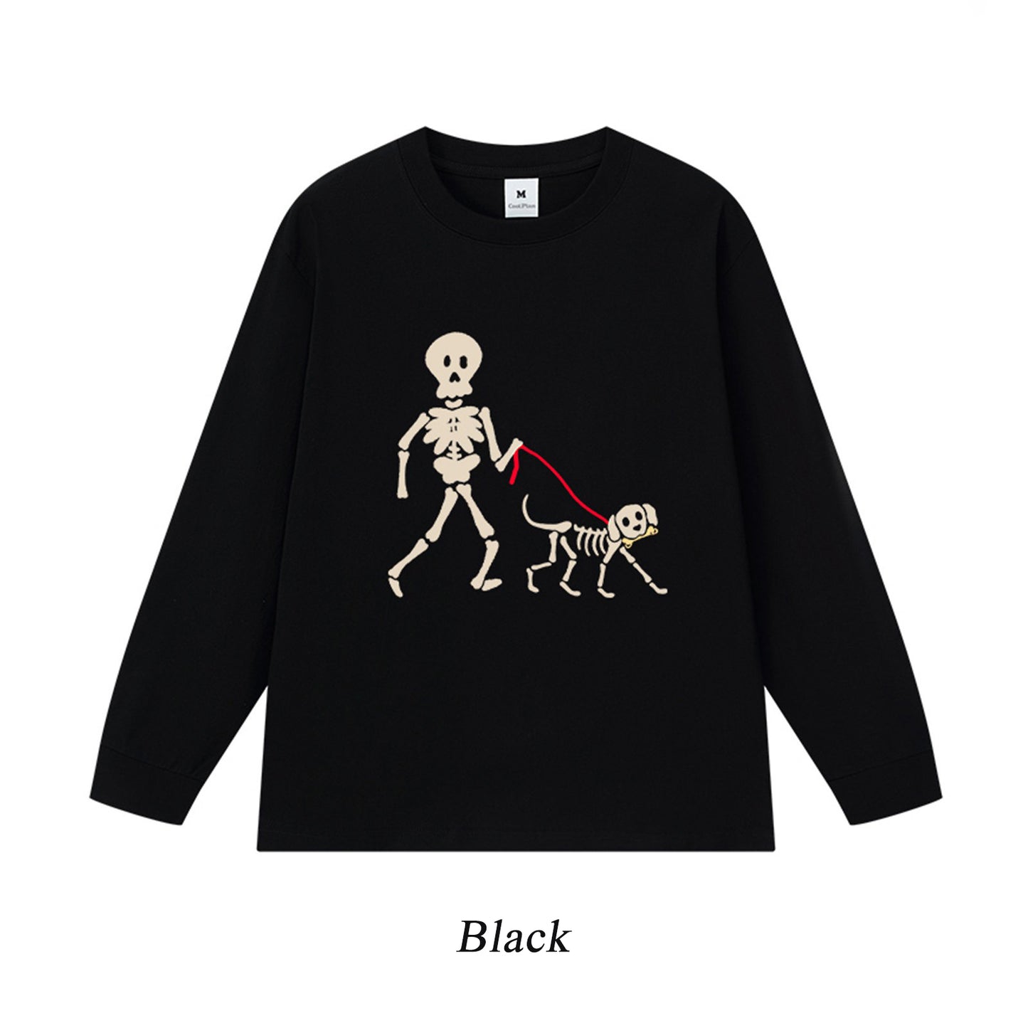 6カラー | S~3XL【トップス】スカル犬 散歩プリント Tシャツ 長袖 ユニセックス ペットオーナー向け カジュアル【FCシリーズ】