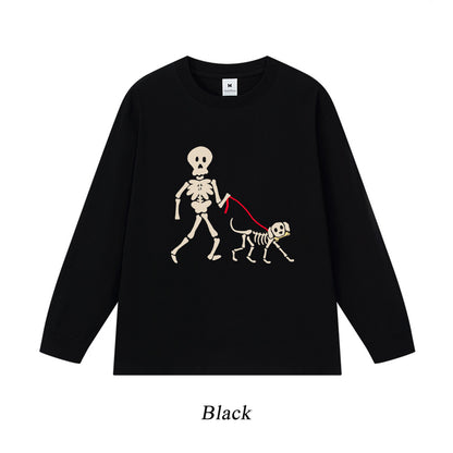 6カラー | S~3XL【トップス】スカル犬 散歩プリント Tシャツ 長袖 ユニセックス ペットオーナー向け カジュアル【FCシリーズ】