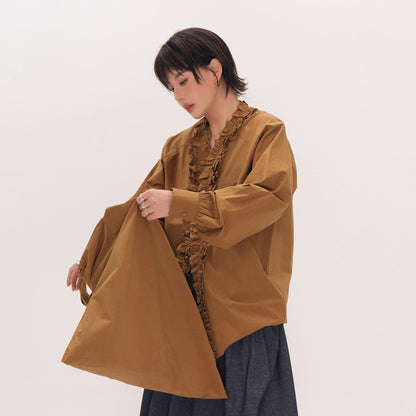 【トップス】フリル襟シャツ レディース ゆったり 大きめサイズ ミディアムロング 長袖シャツ 秋【JZシリーズ】