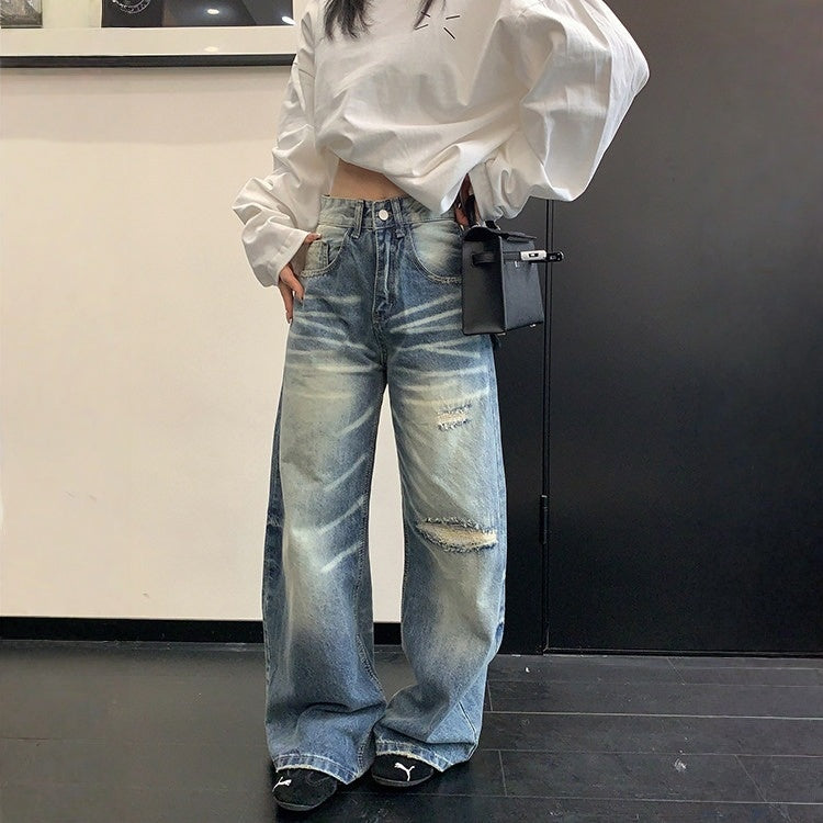【ボトムス】ダメージ加工 ストレート レトロ ワイドパンツ 【FCシリーズ】