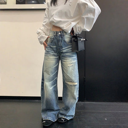 【ボトムス】ダメージ加工 ストレート レトロ ワイドパンツ 【FCシリーズ】