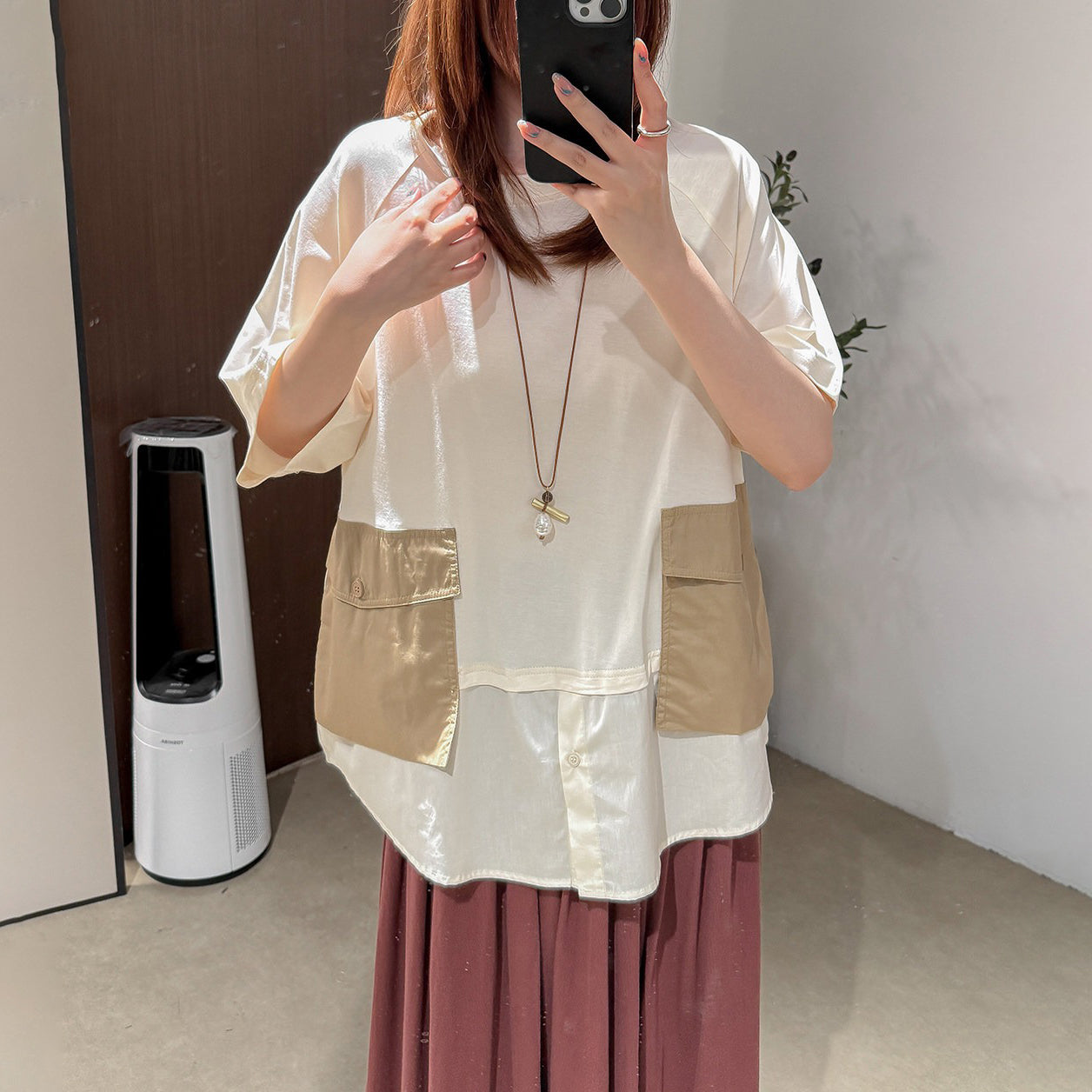 【トップス】立体ビッグポケット フェイクレイヤード 切替 半袖Tシャツ ゆったり オーバーサイズ【JZシリーズ】