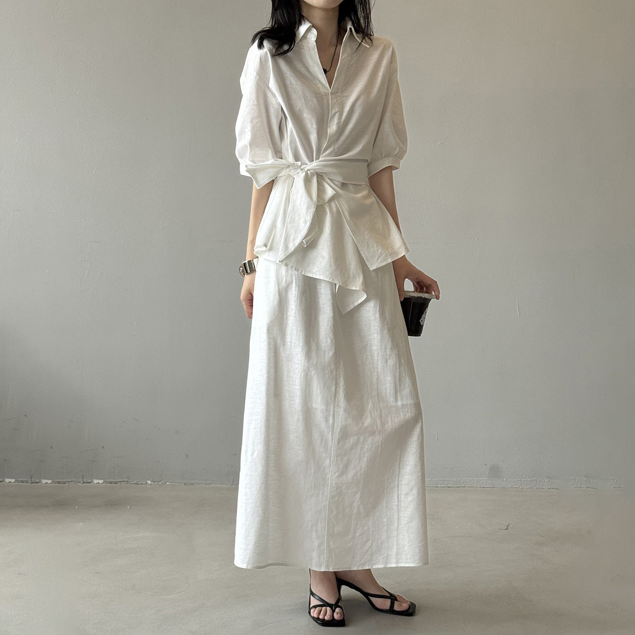 【セットアップ】フレンチエレガンス 麻素材ウエストリボンシャツ＋ミモレ丈スカート 上下セット【JZシリーズ】