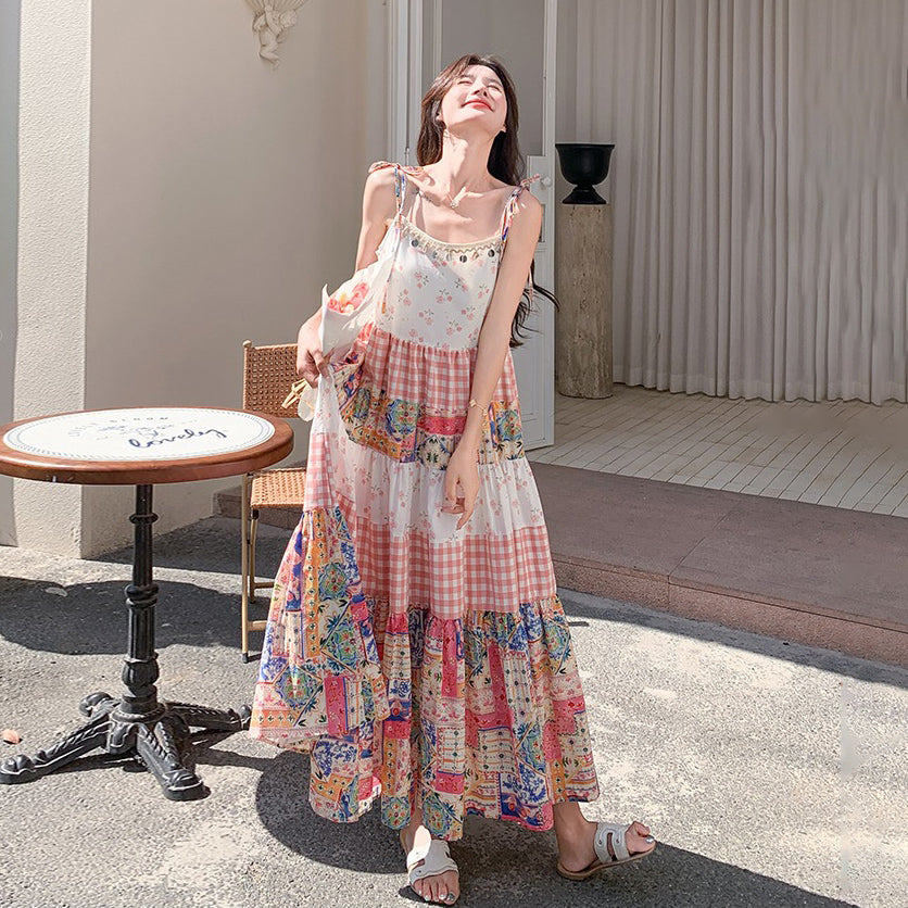 【ワンピース】夏 独特デザイン プリント チェック レースパッチワーク ノースリーブキャミソールワンピース【SHシリーズ】