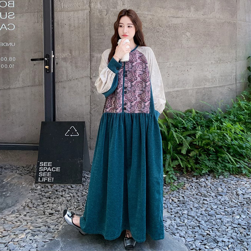 【ワンピース】高級感 プリント切り替えベルベット長袖ワンピース レディース 春秋冬 フレンチエレガントロングドレス【SHシリーズ】