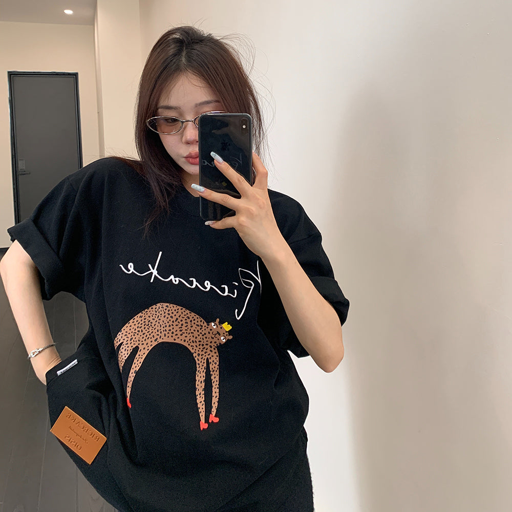 【トップス】Tシャツ レディース コットン100% アブストラクト カートゥーンプリント オーバーサイズ ヴィンテージ風 半袖【FCシリーズ】