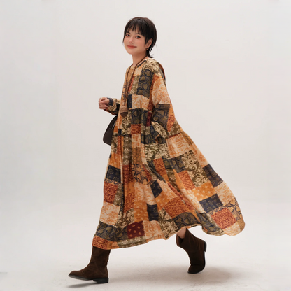 【ワンピース】春 秋 冬レトロ プリント ゆったり 長袖 ワンピース 【JZシリーズ】