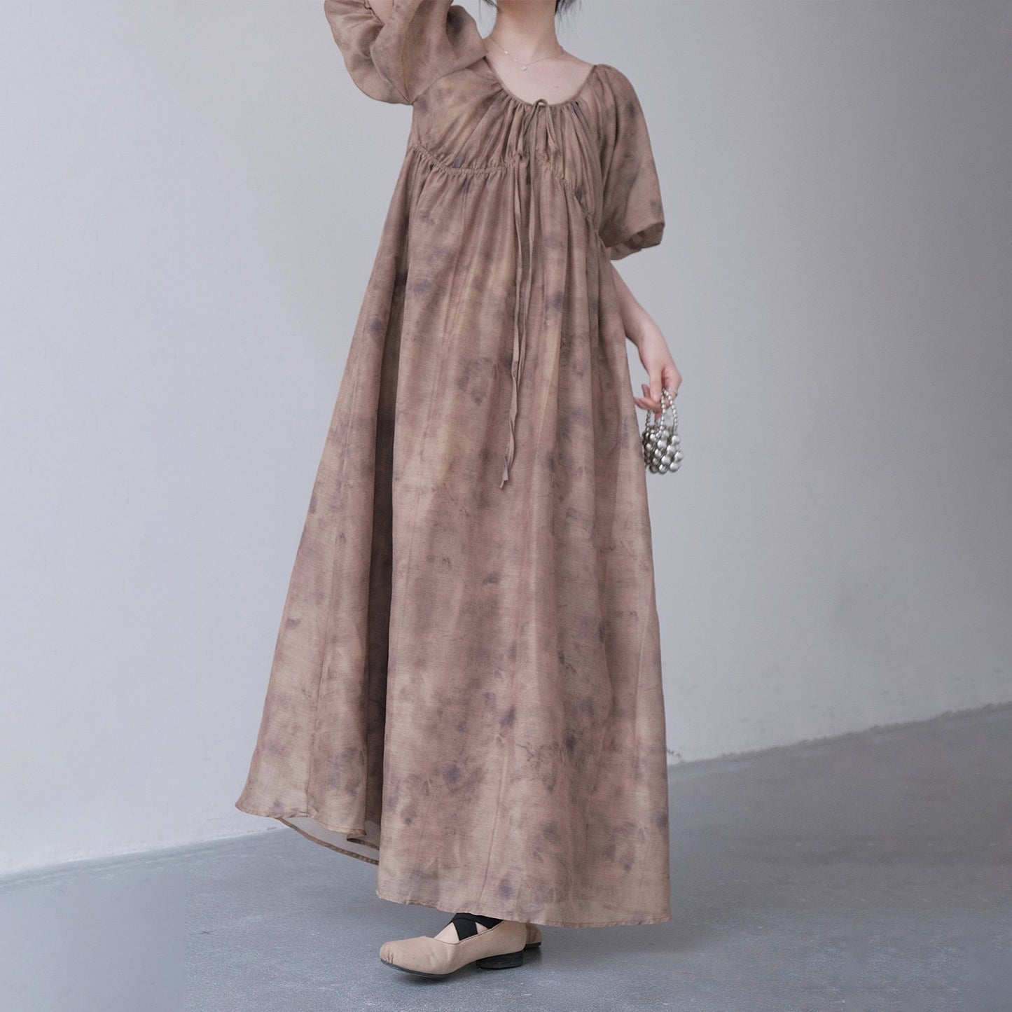 【ワンピース】新中式 禅スタイル 枯色染め アート感漂う 半袖ワンピース【SHシリーズ】