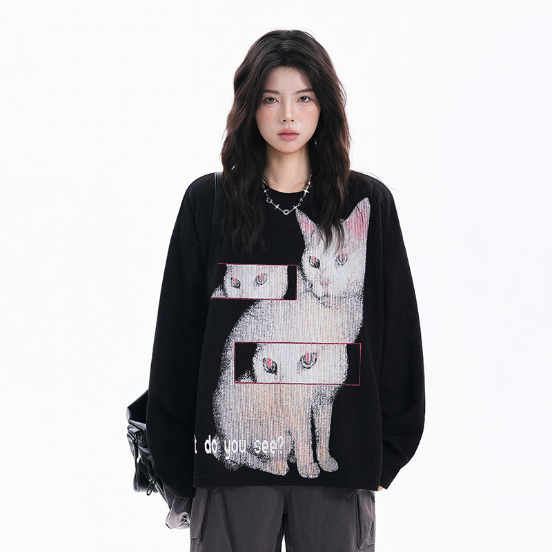 【トップス】猫柄 レディース クルーネック ストリート風 オーバーサイズ 長袖Tシャツ【FCシリーズ】