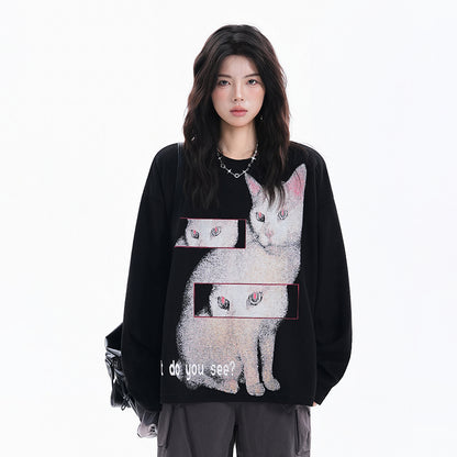 【トップス】猫柄 レディース クルーネック ストリート風 オーバーサイズ 長袖Tシャツ【FCシリーズ】