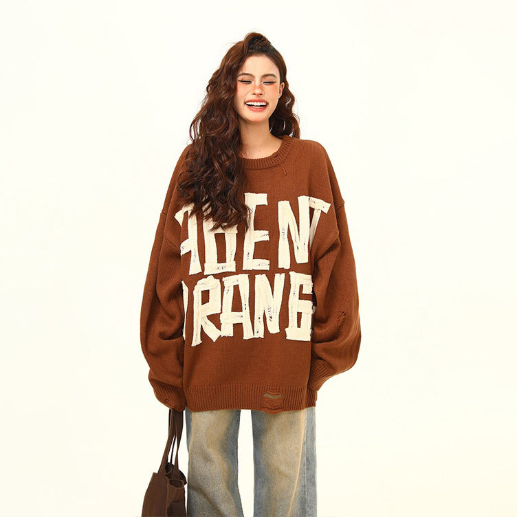 【トップス】秋冬新作✨ヴィンテージ ロゴ編みニット レディース ゆったりシルエット メラードカラーでこなれ感アップ【FCシリーズ】