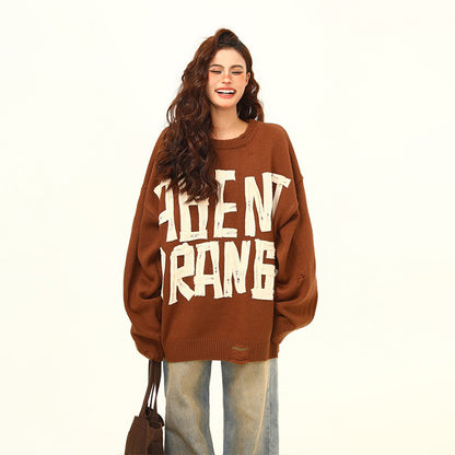 【トップス】秋冬新作✨ヴィンテージ ロゴ編みニット レディース ゆったりシルエット メラードカラーでこなれ感アップ【FCシリーズ】