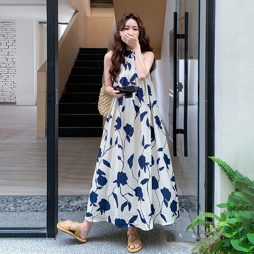 【ワンピース】リゾート風 夏 フレンチエレガンス ゆったりシルエット 足首丈 ノースリーブ花柄ワンピース【SHシリーズ】