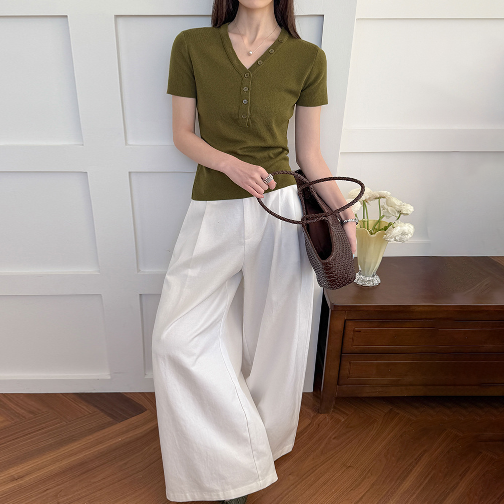 【トップス】Vネック ニットトップス レディース 春新作 半袖 フィット 体型カバー きれいめ カジュアル【JZシリーズ】