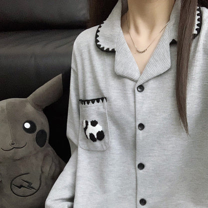 【インナー】ワッフルチェック パンダ コットン素材 長袖長ズボン ルームウェア レディース/メンズ ペア対応 春