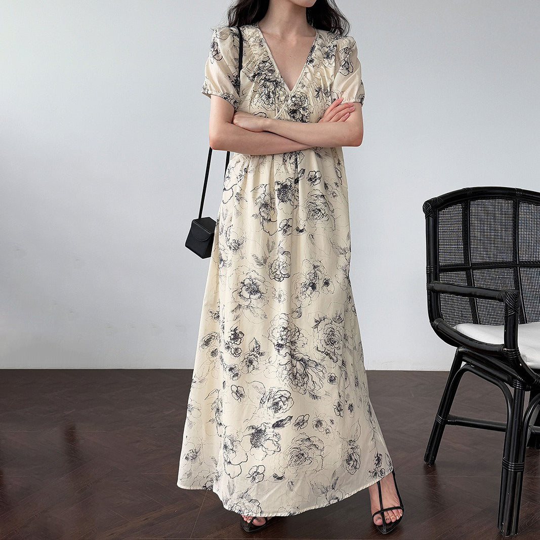 【ワンピース】フレンチ夏新作 上品クラシック水墨画風 花柄ラップ半袖ワンピース【SHシリーズ】【JZシリーズ】