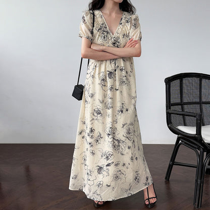 【ワンピース】フレンチ夏新作 上品クラシック水墨画風 花柄ラップ半袖ワンピース【SHシリーズ】【JZシリーズ】