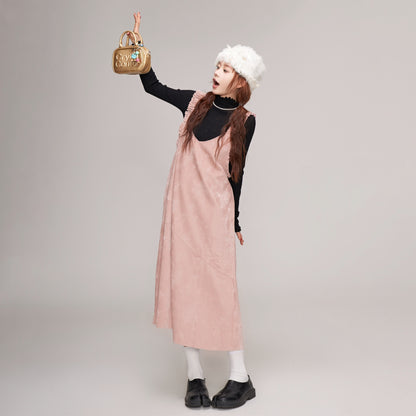 【ワンピース】秋冬 レディース 可愛い Vネックサロペットワンピ ピンク ゆったりノースリーブワンピース【JZシリーズ】