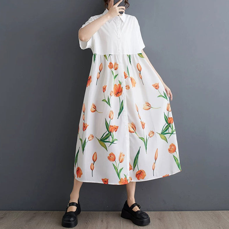 【ワンピース】柄切替ワンピース レディース 夏 半袖 Aライン ゆったり 大きいサイズ 体型カバー ロング丈【SHシリーズ】