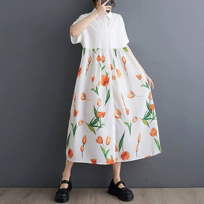 【ワンピース】柄切替ワンピース レディース 夏 半袖 Aライン ゆったり 大きいサイズ 体型カバー ロング丈【SHシリーズ】