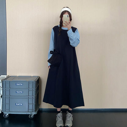 【ワンピース】大人上品フェイクレイヤードワンピース レディース 秋新作 ポロカラー ゆったり ロング丈【JZシリーズ】