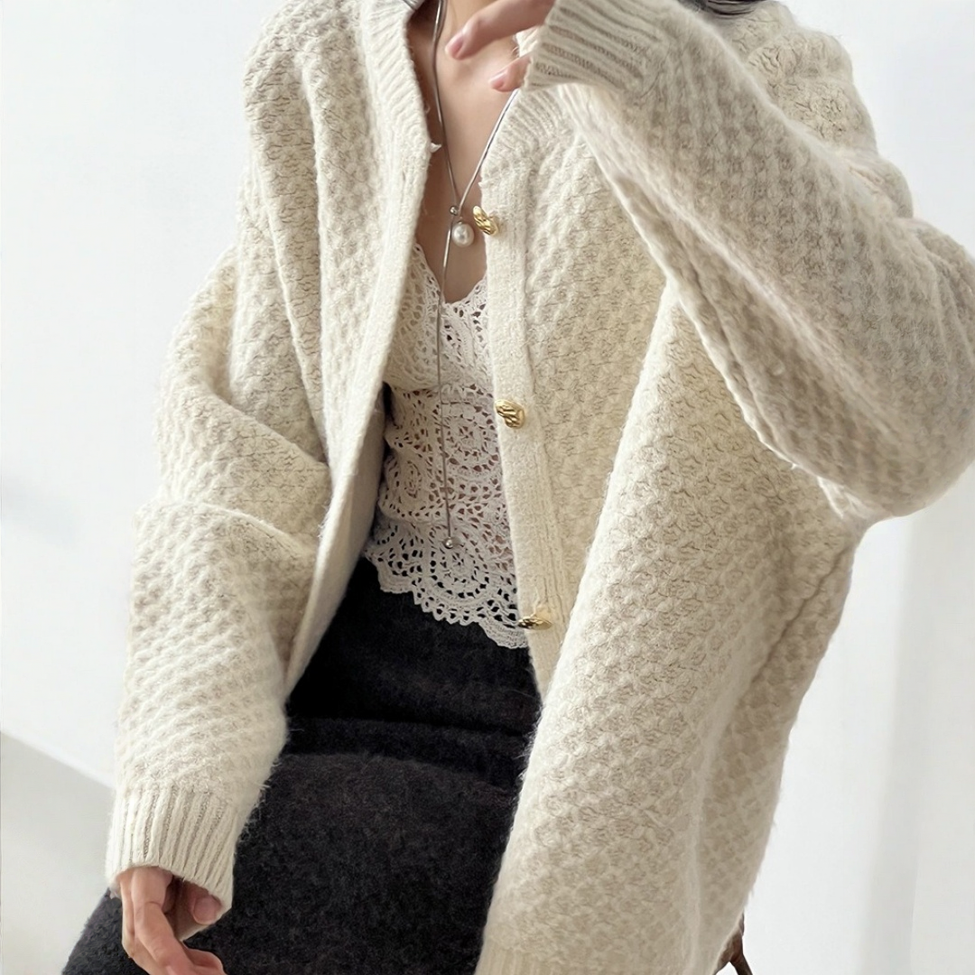 【アウター】パイナップル柄 ハートボタン  クルーネック ニット カーディガン 【JZシリーズ】