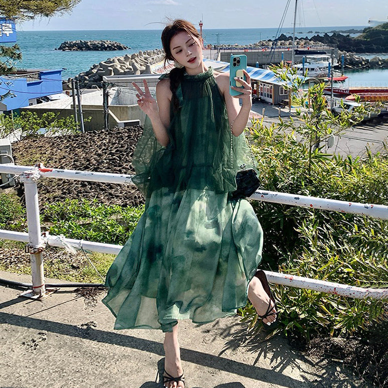 【ワンピース】夏新作  リラックス感漂うリゾートロングドレス 切り替え ノースリーブワンピース【SHシリーズ】