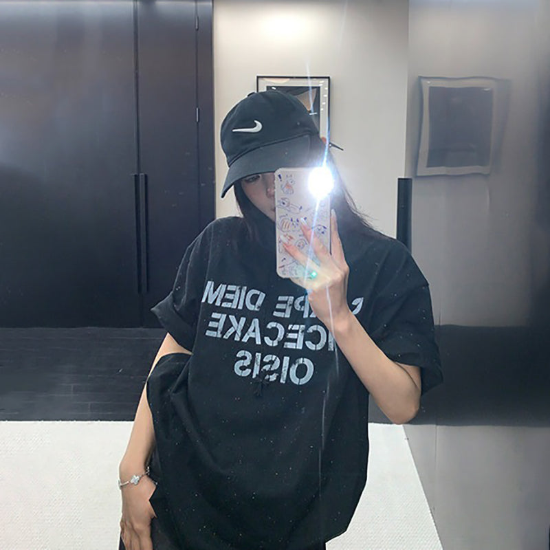 【トップス】ストリート系 ヴィンテージ加工 スノーフレーク柄Tシャツ 夏 レディース ルーズ 半袖【FCシリーズ】
