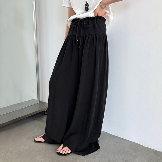 【ボトムス】リネン混 ハイウエスト ドローストリング ワイドパンツ レディース 夏 スカート風 ガウチョパンツ ゆったり 体型カバー【JZシリーズ】