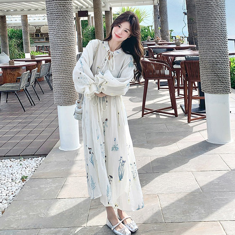 【ワンピース】独特で絶美なフレンチ風 花柄 長袖ワンピース 超人気 バルーンスリーブ リゾートロングドレス【SHシリーズ】