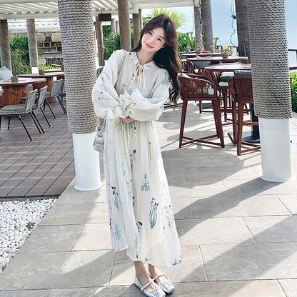 【ワンピース】独特で絶美なフレンチ風 花柄 長袖ワンピース 超人気 バルーンスリーブ リゾートロングドレス【SHシリーズ】