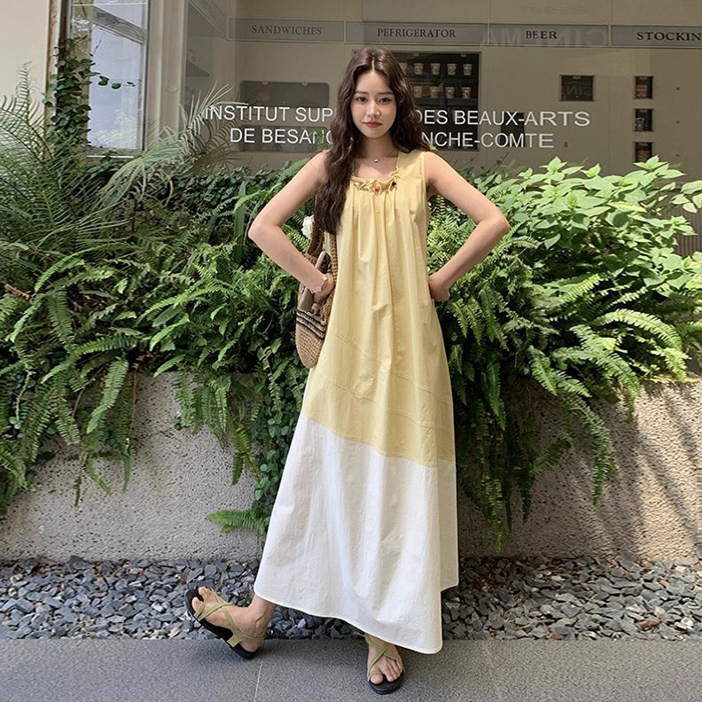 【ワンピース】切り替え ライトイエロー ノースリーブ タンクワンピース レディース 夏 ゆったり スタイルアップ ロング丈【JZシリーズ】