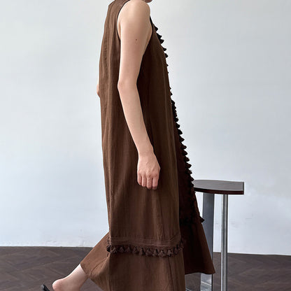 【ワンピース】韓国風 フリンジ切替 ゆったりリラックス Vネック ノースリーブワンピース 夏用 体型カバー 若見え ベストワンピース【JZシリーズ】