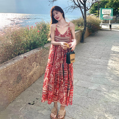 【ワンピース】ボヘミアン風 Vネックロングキャミワンピース 海辺リゾート映え 夏新作 ノースリーブワンピース【SHシリーズ】