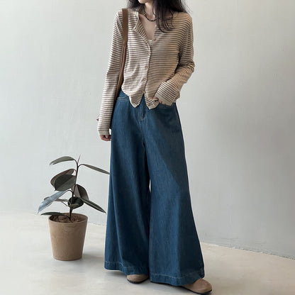 【トップス】バイカラーストライプが映える！韓国風薄手ニットカーディガン｜体型カバーも叶う秋トップス【JZシリーズ】