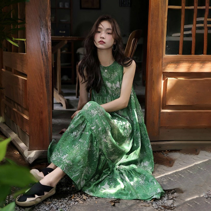 【ワンピース】リゾート風 夏新作 ゆったり細見えデザイン ヴィンテージフラワー ノースリーブワンピース【SHシリーズ】