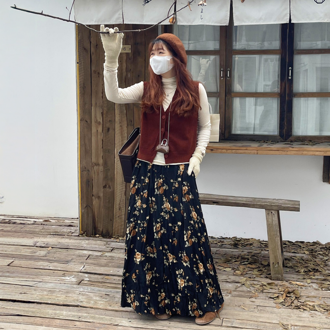 【ワンピース】春 秋 冬 厚手 花柄 レトロ 大振裾 スカート 【SHシリーズ】