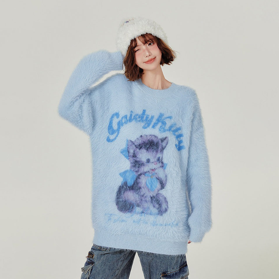 マフラー付き【トップス】猫柄 ニット セーター レディース 秋冬 ゆったり ふわふわ あったか セーター【FCシリーズ】