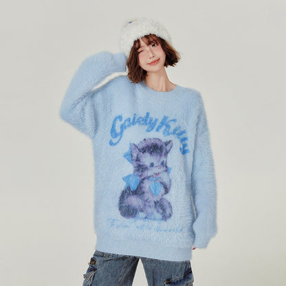 マフラー付き【トップス】猫柄 ニット セーター レディース 秋冬 ゆったり ふわふわ あったか セーター【FCシリーズ】