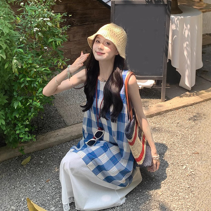 【ワンピース】夏の元気ガール 韓国風シック シンプルなフェイクレイヤード チェック柄ノースリーブワンピース【SHシリーズ】