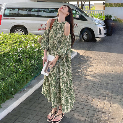 【ワンピース】フレンチエレガンス オフショルダー 花柄 半袖ワンピース 夏 海辺バカンス ロングドレス【SHシリーズ】